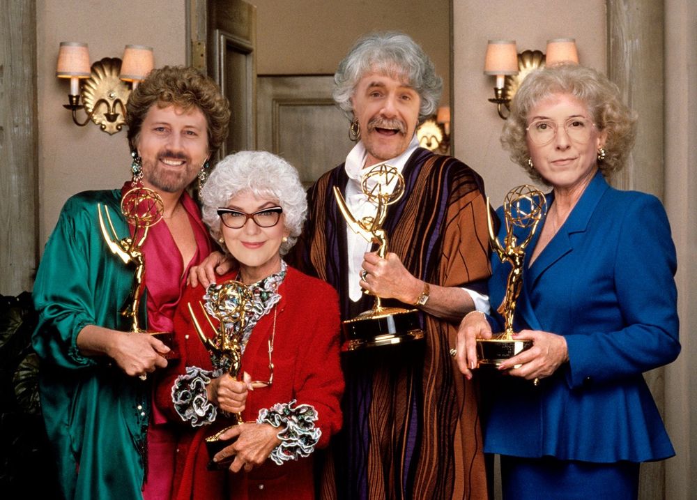 The Golden Girls with their Emmys photoshopped to have College Town faces: Blanche is Brett Morris, Sophia is Julie Brister, Dorothy is Seth Morris, and Rose is Erin Whitehead