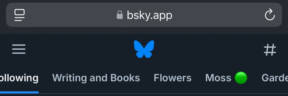 Screenshot of top of page of blue sky site, with recommended categories succeeding the ‘following’ tab. Recommended categories are ‘Writing and Books’, ‘Flowers’, and ‘Moss🟢’.