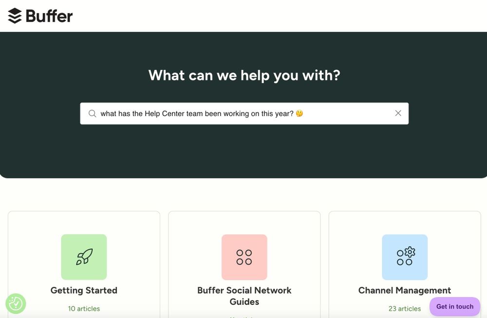 Screenshot of Buffer's Help Center with a search for "what has the Help Center team been working on this year?" with a thinking emoji