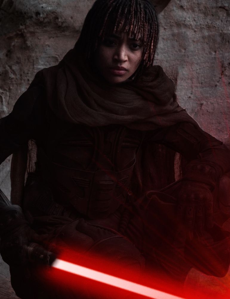 Edit depicting Osha from The Acolyte in fully dark attire and holding her bled red lightsaber. It was created by Amp.