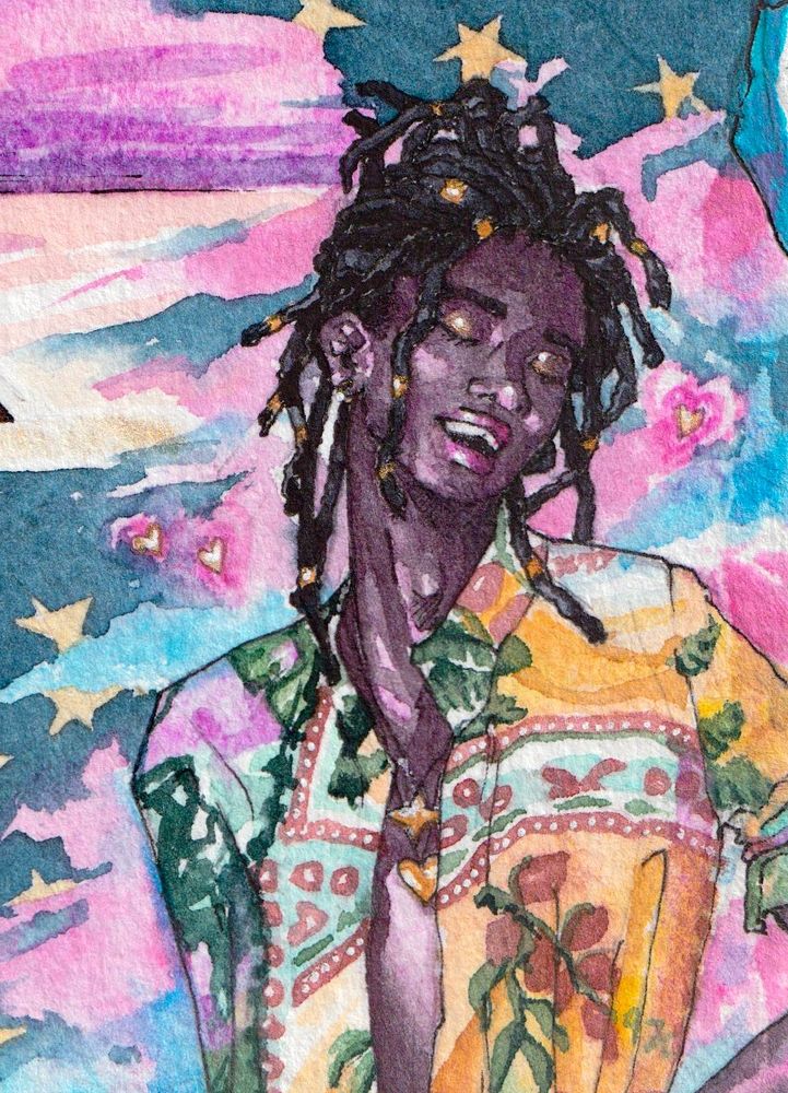 A watercolor doodle of Nzuzi, a lanky Congolese man with long tied-back dreadlocks and gold hair jewelry, smiling down with closed eyes and an open, happy mouth. He’s before a pink and blue cloudy background, and wearing an open patterned green and gold shirt. 