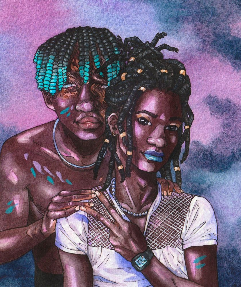 A watercolor painting of Nsimba and Nzuzi, two thin Congolese male twins, posing in queer club wear under blue and purple lights. Nsimba has turquoise ombre twists that partially cover burn scars and visibily blinded eyes and a bare chest with skin paint on it, and his arm is around Nzuzi, the skinnier twin with a white shirt and long dreadlocks, with eye makeup.