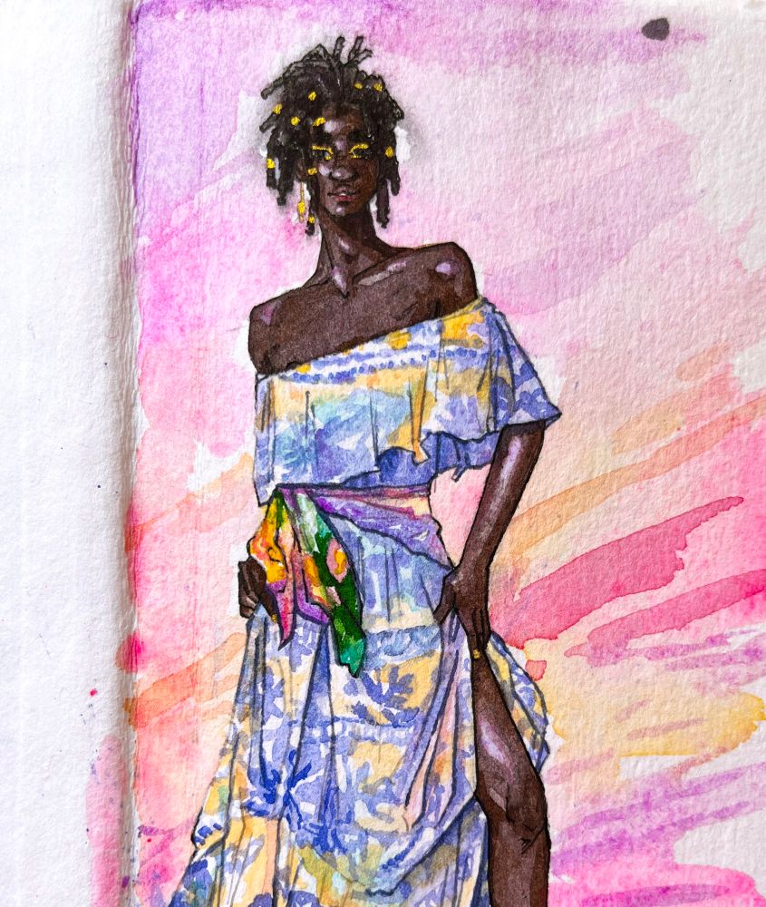 A watercolor doodle of Nzuzi, a lanky Congolese man with long dreadlocks half tied into a ponytail, wearing a flowing blue and yellow dress. 
