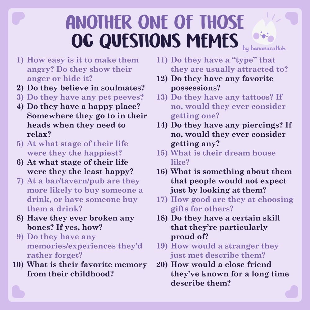 A list of 20 varied OC questions. I can’t read this much small text at once but I’ll share them as I answer them! 