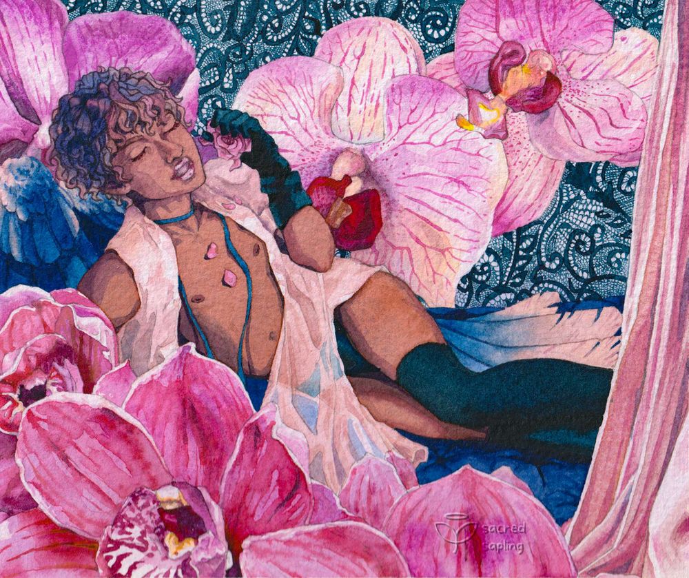 A detailed watercolor painting of Chamuel, a masculine angel with medium-brown skin and curly brown hair. He is reclining on the ground on a plush dark blue bed. His right arm, which is partially obscured by large dark pink orchids in the foreground, is propping up his body in a sultry pose. He is gently holding a pink rose, lightly crushed in his left hand. Four of its petals have fallen off, decorating his near-bare chest. He is wearing a translucent, light pink robe that covers his shoulders and drapes over his hip, concealing just enough. With closed eyes, his expression is relaxed. Large, dark-blue wings extend past his calves, and his feet are obscured by a thick pale pink curtain. In the background behind him are three large, light purple orchids. Behind these orchids is an intricate blue and white background of lace, featuring multiple leaf and vine-like patterns and lattice-like hatching.
