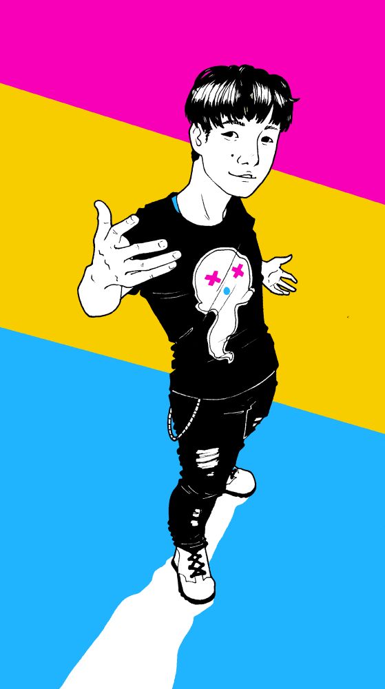 A digital doodle of Nico, a Korean-Chinese-Filipino teenager with a k-pop boy cut with bangs, lanky limbs in a cool kid pose, and a light goth/streetwear style. He has a cute mole on his cheek and a ghost design on his shirt, with a peek of his binder visible. The pan flag colors are behind him. 