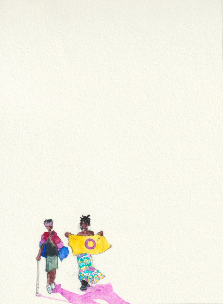 A very tiny watercolor doodle of Nzuzi and Nsimba, two lanky male Congolese twins, walking with a purple shadow cast before them. Nsimba has a white cane, twists, and a bi flag wrapped around his shoulders. Nzuzi has long tied back dreadlocks and is wearing a shoulderless flowing multicolored dress, with the intersex flag spread in from of his chest. 