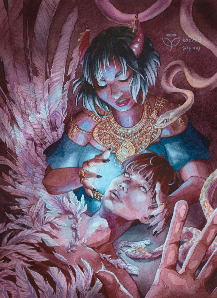 A traditional watercolor of a a masculine angel lying on his back with feathers transforming from gis skin, and snakes approaching him. A woman leans over him, casting some magical blue light above his face that entrances him. 