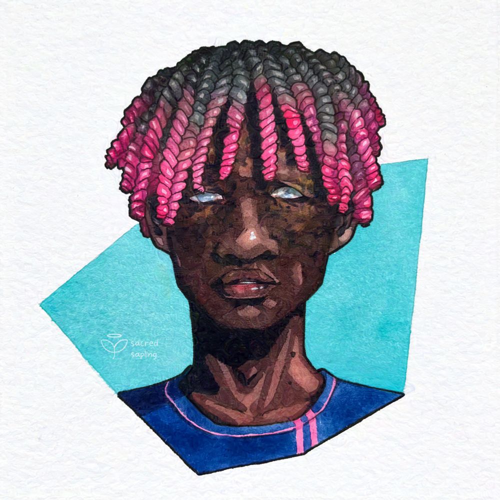 A watercolor portrait of Nsimba, a young Congolese man with dark skin and pink twists that partially cover the top half of his face. Underneath them you can see burn scars and differently shaped eyes that are also blue and clearly blinded to some extent. His expression is fairly neutral with his lips, slightly parted, and there is a turquoise shape behind him.