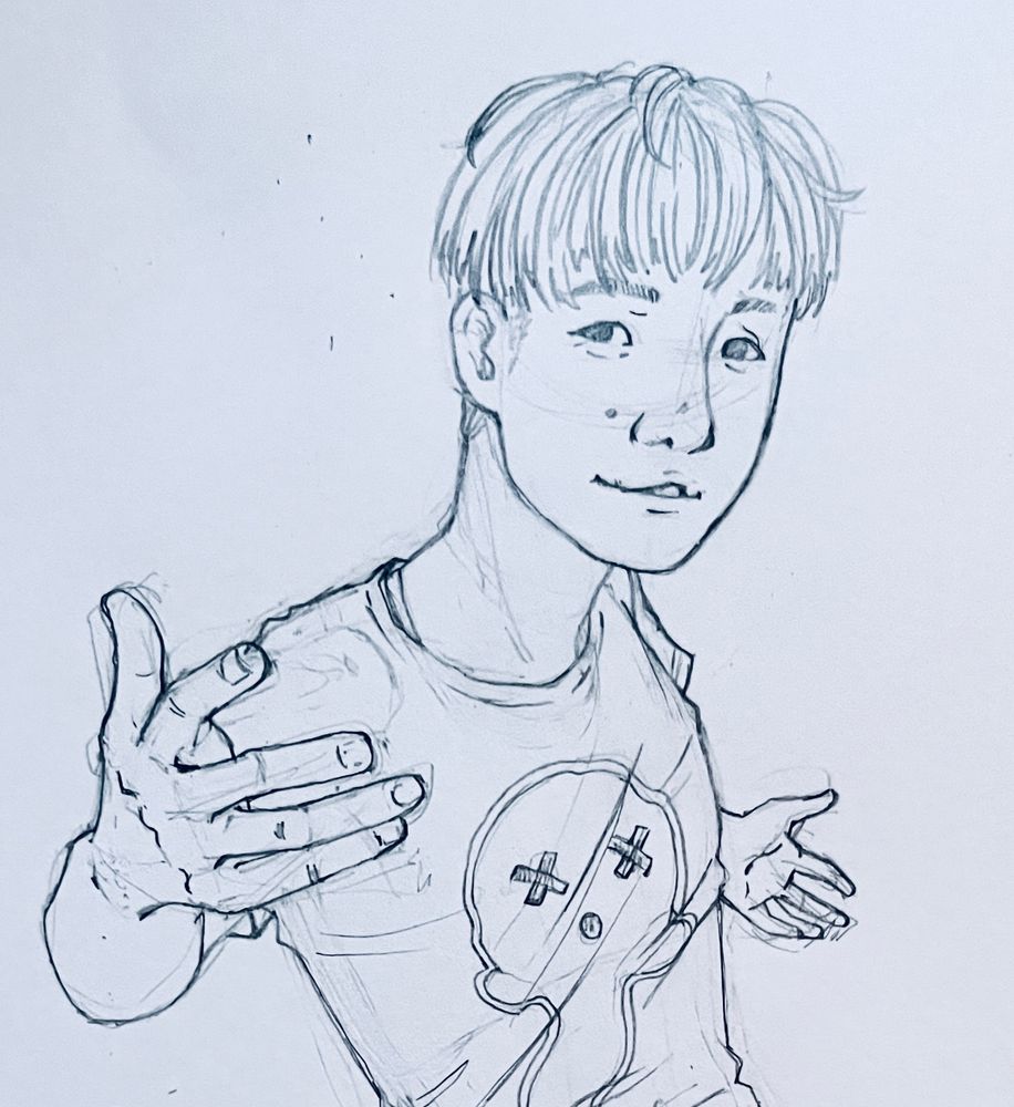 A little sketch of Nico Tan, a young Korean-Filipino-Chinese trans boy with a cheek mole and classic k-pop boys haircut with bangs. 