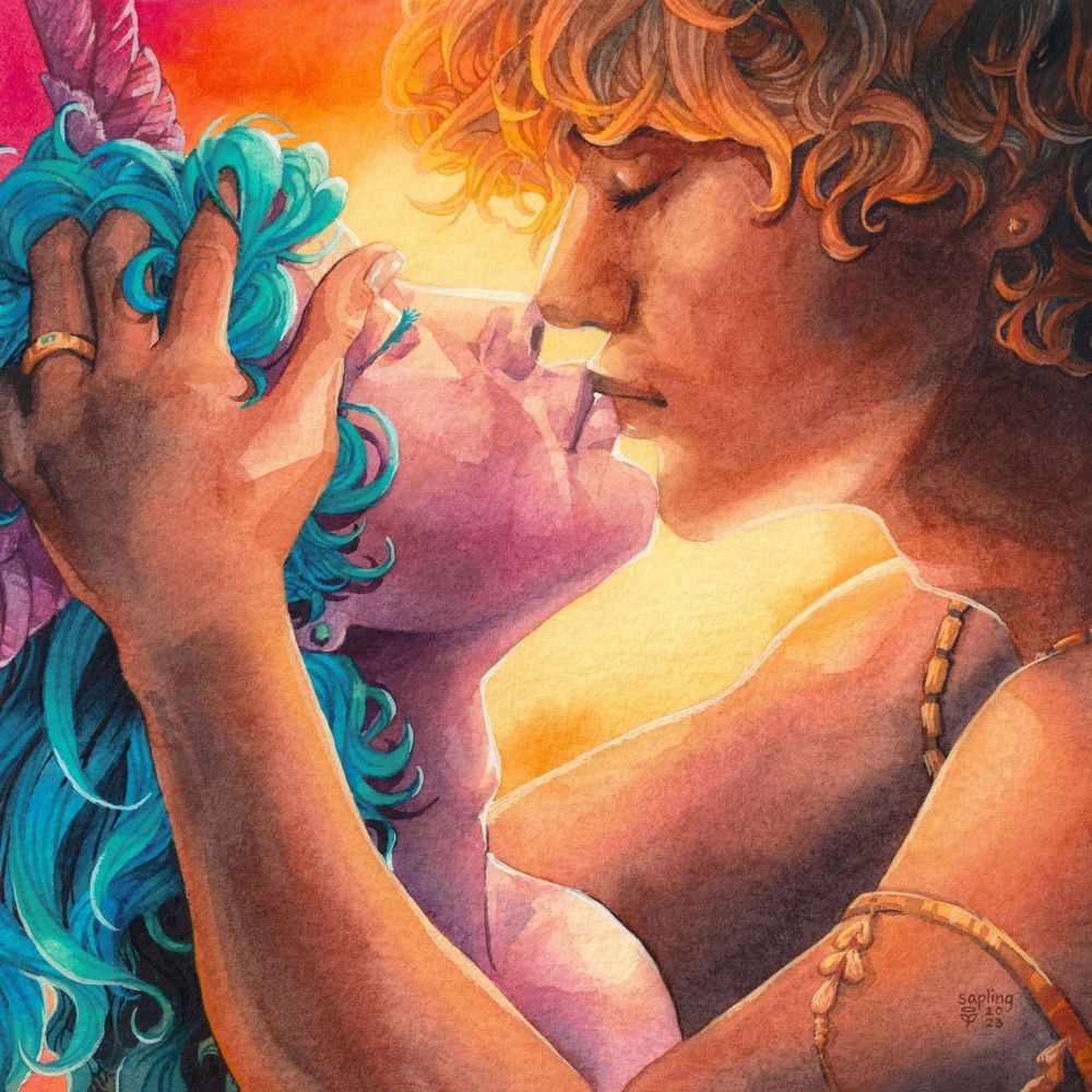 An adorable watercolor portrait of two masculine angels kissing in the warm glow of sunlight, coming in from behind. Chamuel, a strong angel with brown skin and curly brown hair, has his hand tangled in Kokabiel's hair as their lips press lightly together. Kokabiel's long turquoise locks fall around his own purple headwings and Chamuel's fingers, highlighting a small gold ring, as his own face is cast lighter with purple shadows in the sunlight.