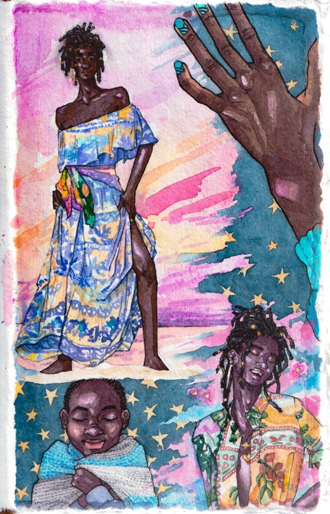 A scan of a watercolor sketchbook page of Nzuzi, a skinny Congolese man, with four colorful illustrations. One is him in a flowy blue and yellow dress at sunset, one is his hand with painted nails and a curves pinky, one is him smiling with a look of love, and one is him as a kid holding a knit blanket around him.