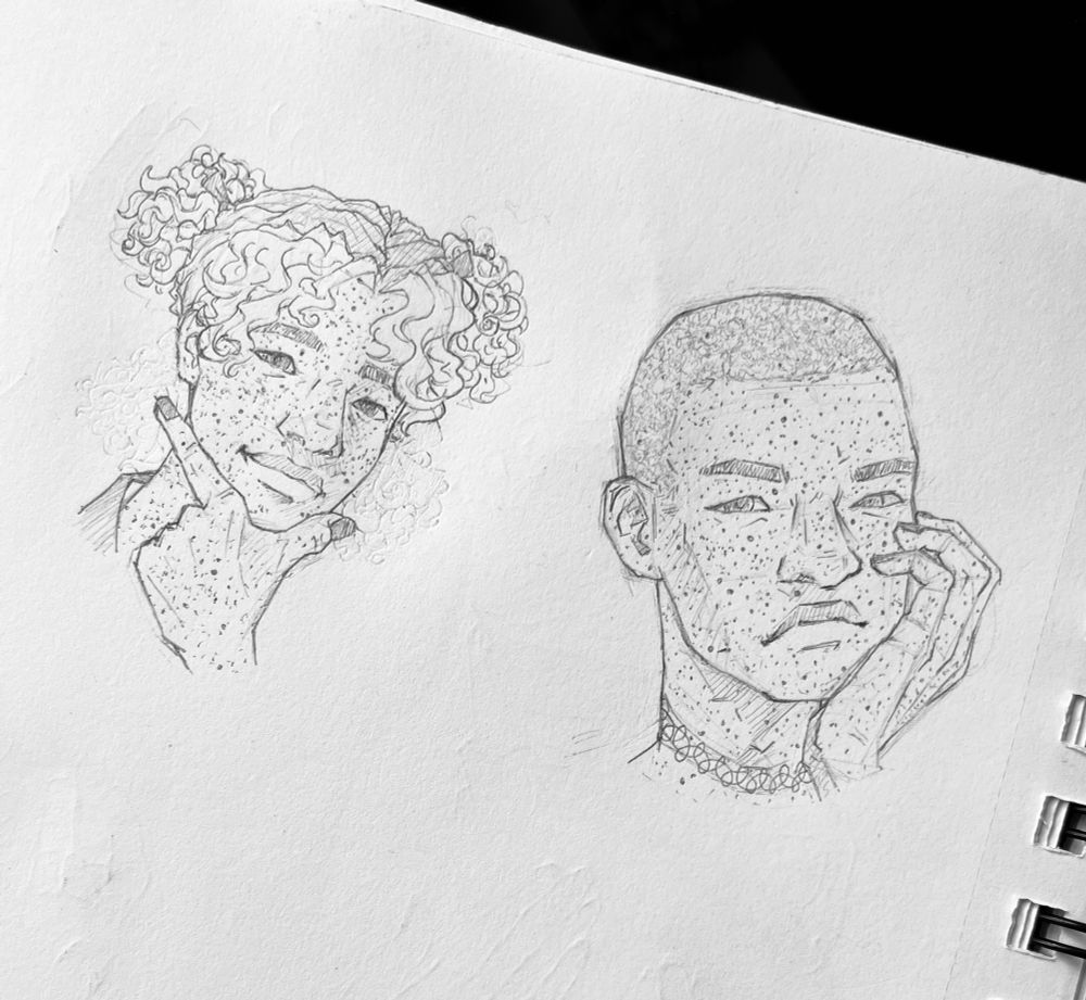Two more sketches of Gabriel, one with high pigtails with a cute hand under chin pose, another totally shaved bald with a grumpy pout.
