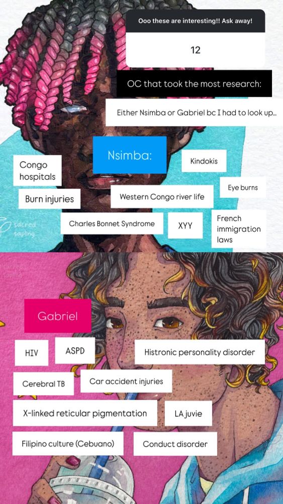 A mostly covered up split screen IG story of a watercolor of Nsimba, a blind Congolese man, and Gabriel, a freckled Filipino, with text boxes over them on what I had to research. For Nsimba it reads: Congo hospitals, burn injuries, Kindokis, Western Congo river life, Eye burns, Charles Bonnet Syndrome, XYY, French immigration laws. For Gabriel it reads: HIV, ASPD, Histronic Personality Disorder, Cerebral TB, Car accident injuries, X-linked reticular pigmentation, LA juvie, Filipino culture (Cebuano), Conduct Disorder. 