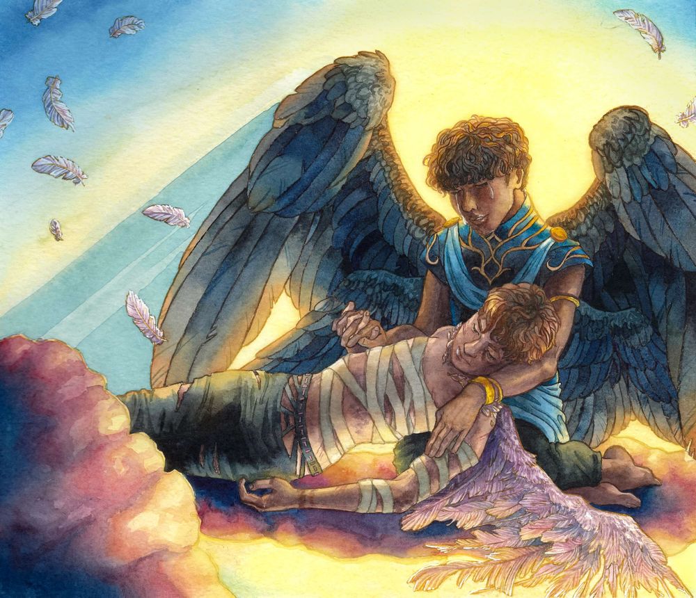 A detailed watercolor painting of Chamuel, a dark-winged angel with brown skin and curly brown hair, holding his injured lover on his lap as sunlight wraps around them from behind. The injured angel, Sariel, has brown skin and straight hair, with damaged lavender wings and chest bandages. They rest together in the clouds, which are stained purple and yellow from a sunlight glow behind them.