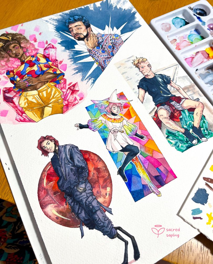 A photo of a watercolor pad with five characters vibrantly painted on it, with a palette on the side. There's a black woman with puffed brown and pink hair, surrounded by rose quartz crystals. Then a middle-aged Saudi man with an eye scar and decorative shirt, surrounded by white dagger crystals and dry brush blue paint technique. Then there's a full body of a white man with a hearing aid and facial burn scars, sitting above emerald crystals. Next to him is a white woman with a rainbow outfit in a whimsical full body pose, with rainbow stained glass/shattered crystals behind her. Finally there's a white man with long red hair, in a techwear outfit showing off his prosthetic legs, before a round red apatite crystal. 