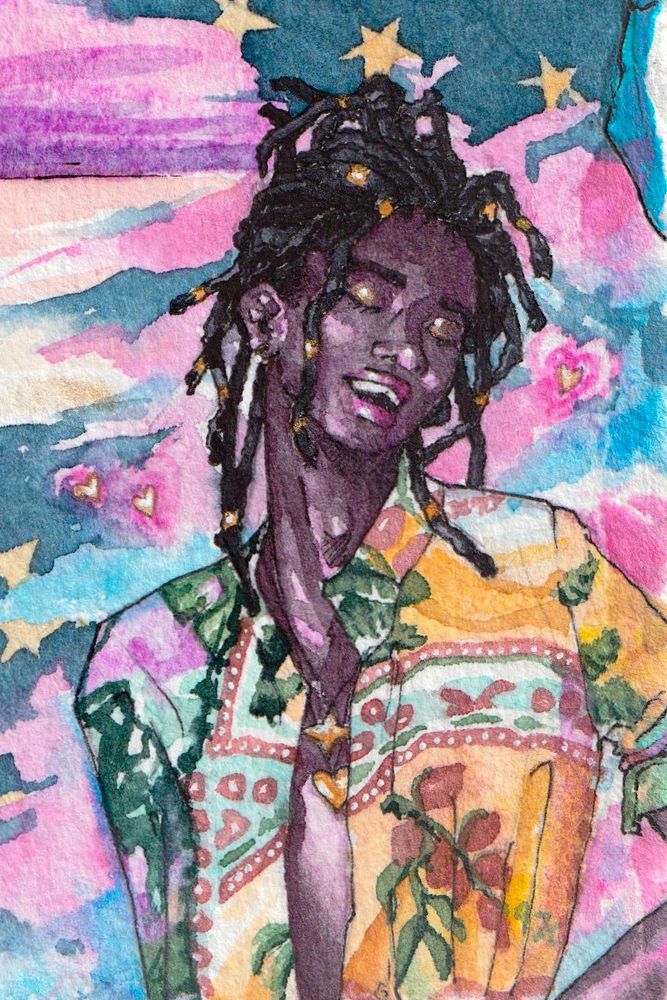 A watercolor doodle of Nzuzi, a skinny Black man with long dreadlocks tied partially back into a ponytail, wearing an open patterned yellow and green shirt. The background is blue and pink streaks across a sky, with some hearts near his soft smiling impression. 