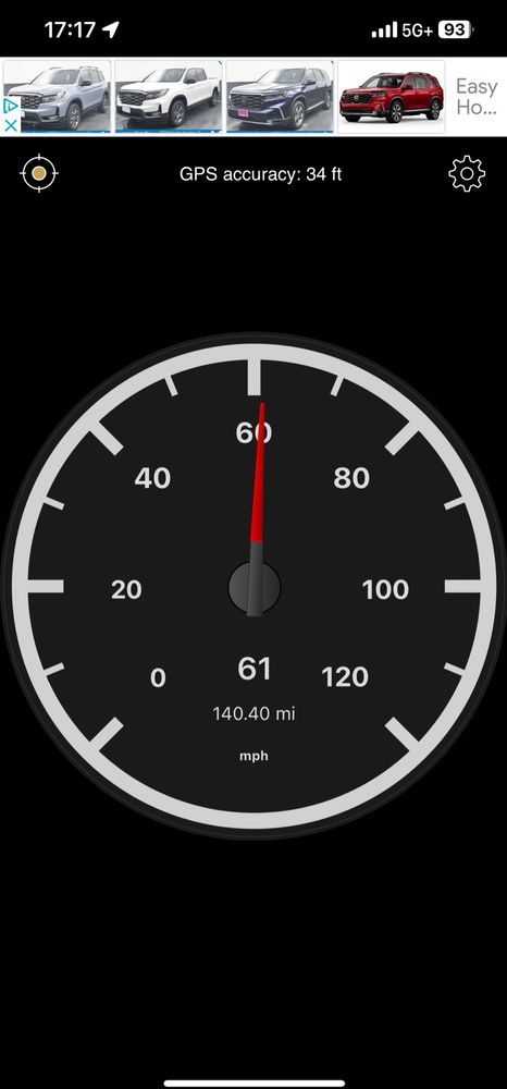 Speedometer app showing 61 mph train speed