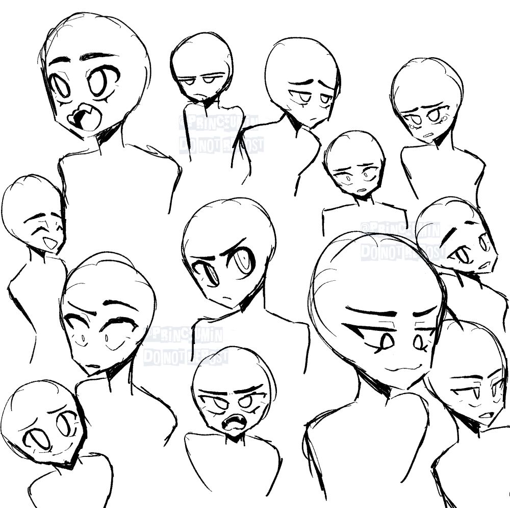 a series of 13 sketches of various expressions

this is making me realize how fucking funny my art looks when the characters have no hair also i didn't feel like drawing ears on any of these heads lol