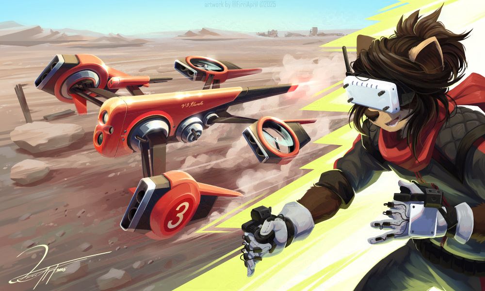 Illustration featuring a furry character who is piloting a racing drone using retrofuturistic VR controllers. The racing drone is red and features four turbine nacelles to control it and it's racing across dry deserted land at high speed
