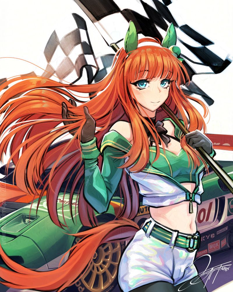 Digital painting featuring a girl with long bright orange hair and horse ears. She is wearing a grid girl uniform with a jacket and shorts and is standing in front of a Honda NSX GT500 race car