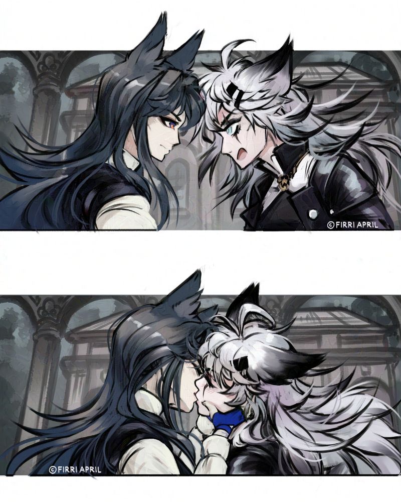 two drawings showing two lupo characters from the game arknights, Texas and Lappland, first argue and then kiss eachother