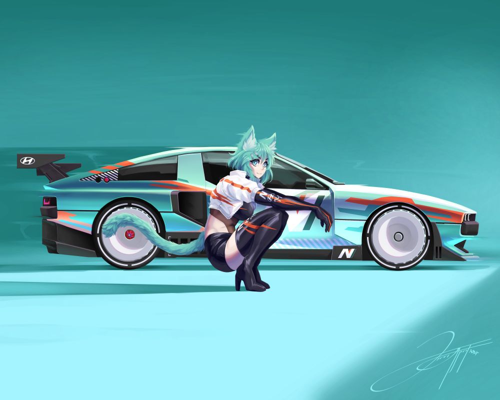 Digital painting of a teal Hyundai N Vision 74 concept car, along with a teal haired feminine looking cat character posing in front of the car