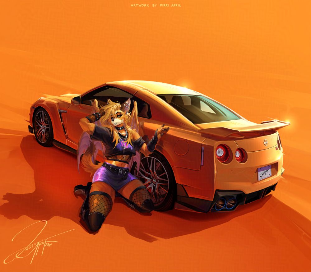 Illustration featuring an orange Nissan GTR R35 against an orange background, and a furry bat character. The character is orange, and he is wearing makeup and punk clothing and he is posing seductively in front of the car. 