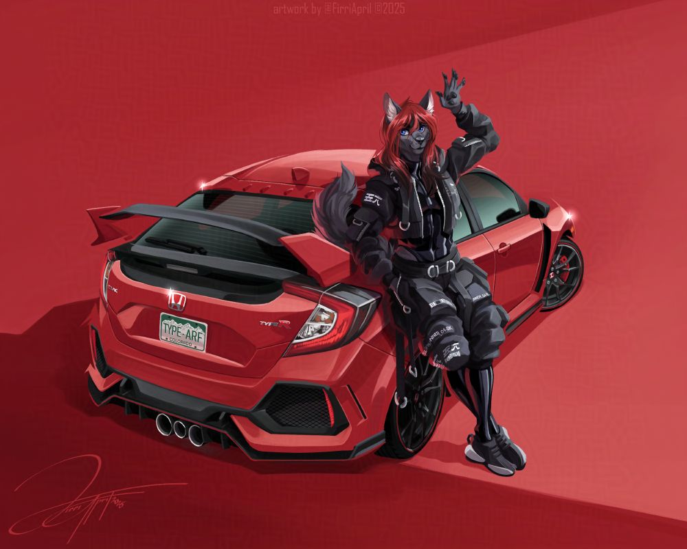 digital painting of a maroon red honda civic type R and a canine furry man who is leaning on the car. The dark character is wearing black techwear clothes and a latex bodysuit