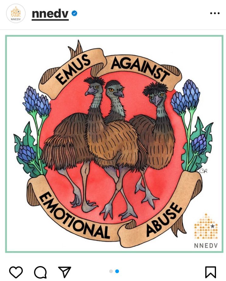 Drawing of 3 emus that reads: Emus against emotional abuse. Image courtesy of the NNEDV