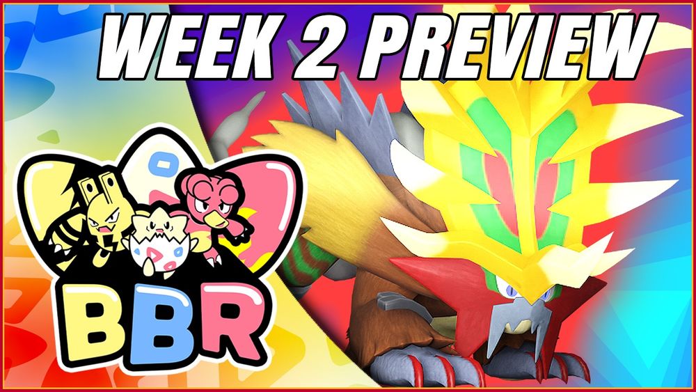 A thumbnail for an upcoming video about competitive Pokemon battling, previewing week 2 in the BBR D-League featuring Gouging Fire
