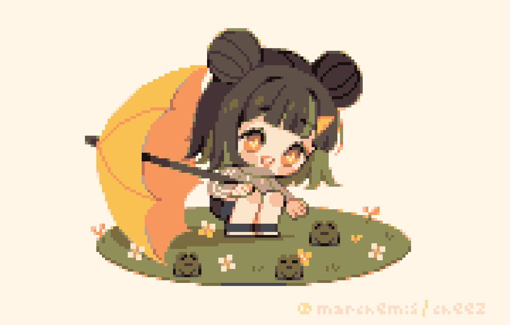chibi character holding an umbrella is playing with frogs all around them