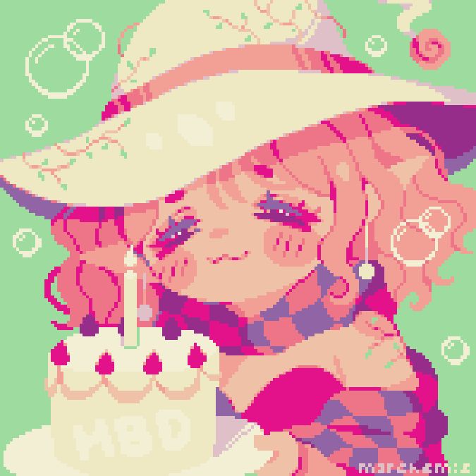 showing the oc, march, happily holding a birthday cake