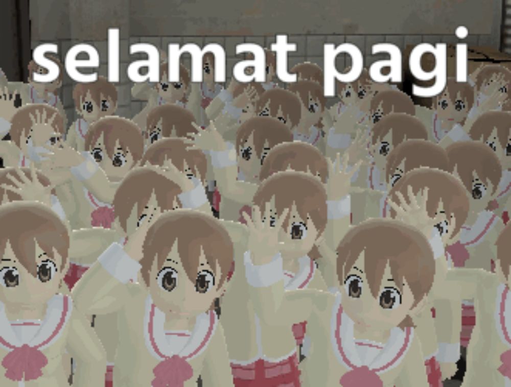 a large group of anime girls are waving their hands in front of the words selamat pagi