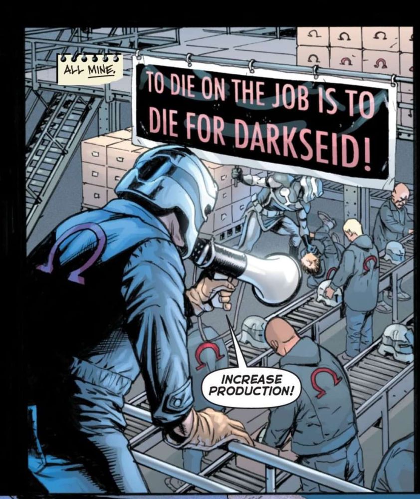 Comic book panel showing people working for the DC villain Darkseid.