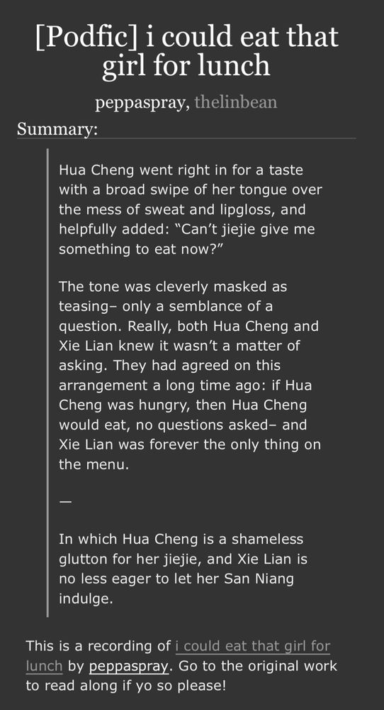 Screenshot of the title and summary of the podfic, can be accessed through link and read with screen reader 