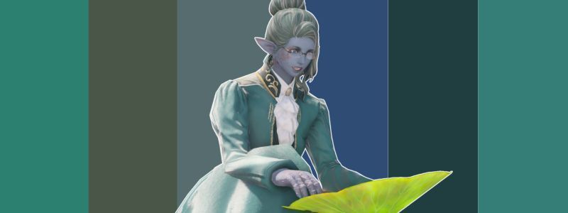 An elezen (elf) woman reaches a hand out for a lilypad, excitement on her face. Behind her is a color palette with vertical stripes in various hues of green and blue