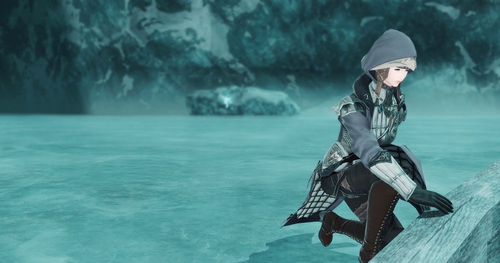 An elezen woman in purple kneels on a frozen lake. She reaches out to touch the broken, frozen remains of a fishing boat locked in the ice.