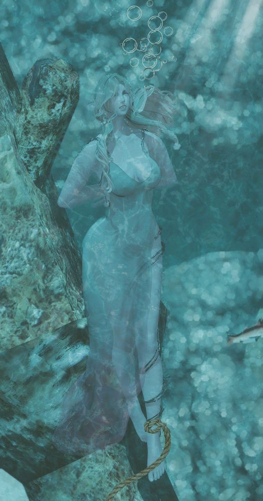 An elf (elezen) woman floats calmly beside a long rotten, sunken ship. She does not appear uncomfortable. A gauzy dress floats idly around her.