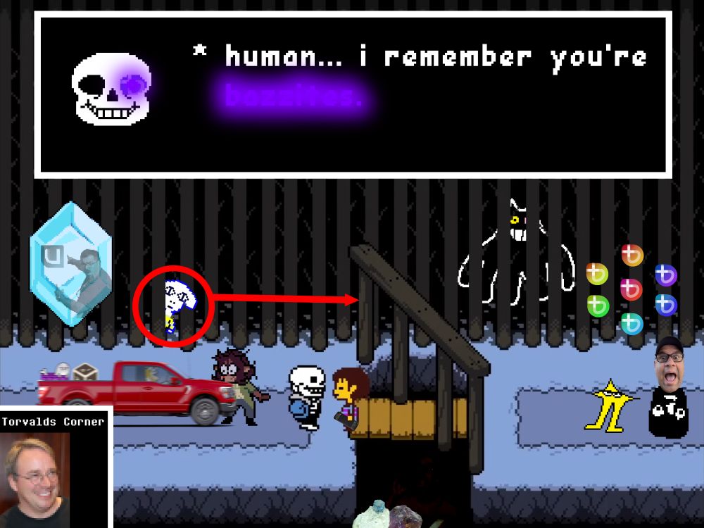 Sans saying "human... i remember youre bazzites." surrounded by a bunch of nonsense.