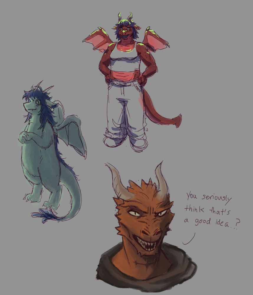 digital drawings of 3 dragons in sketch book fashion!! top is a red anthropomorphic dragon lady looking confident, hands on hips. middle left is a more animal like (but still anthropomorphized) dragon, hold its hands together and smiling. bottom right is my dnd oc vemriel :3 copper dragonborn. he’s the only one that’s a shoulders up rendering and not fullbody. he’s got a frustrated expression and is saying “you seriously think that’s a good idea?” 