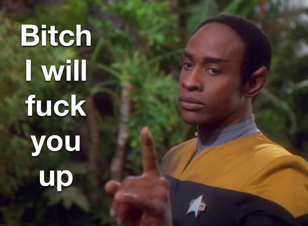 Lieutenant Commander Tuvok calmly and sternly saying “Bitch I will fuck you up”
