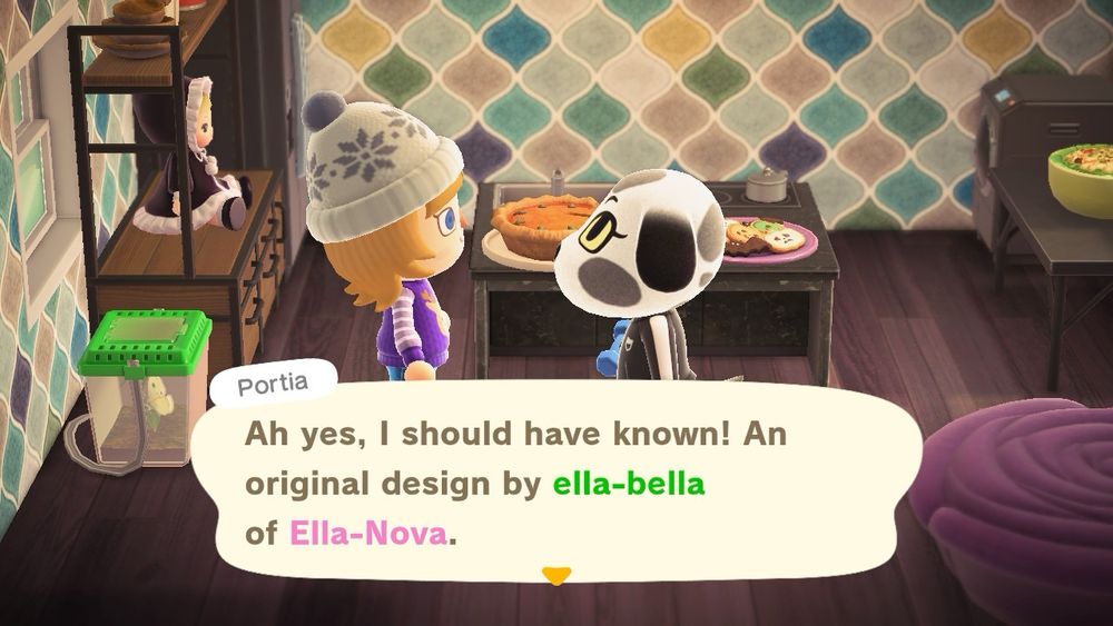 Portia recognizing Lilica’s sweater and saying “Ah yes, I should have known! An original design by ella-bella of Ella-Nova.”