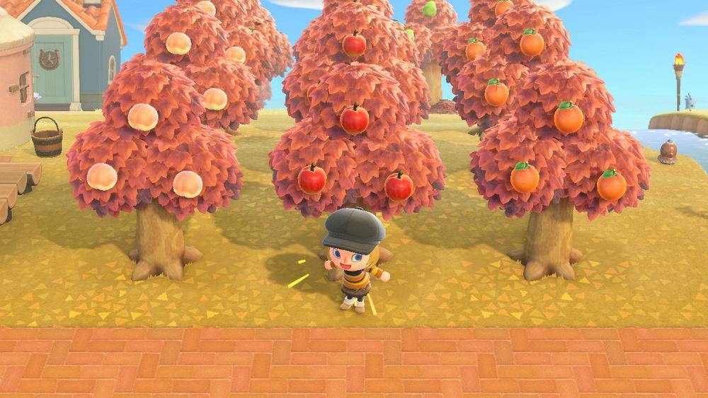 Lilica posing in front of the fruit grove, with all of the trees red in color.