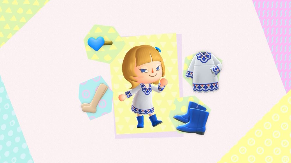 A blonde human girl poses in a white peasant tunic dress with blue trim, everyday tights. And blue heart hairpin and velour boots. The pieces of her outfit are displayed around her.