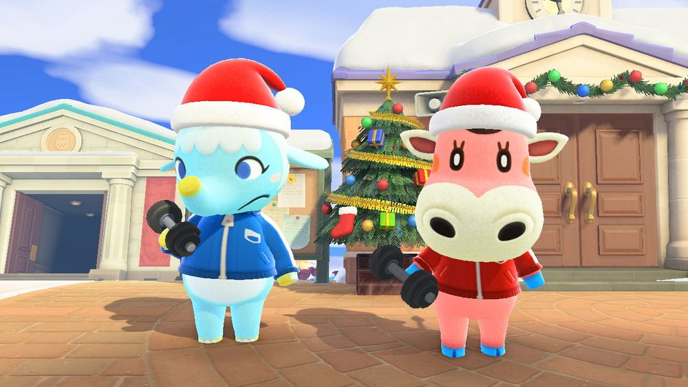 Chai and Norma working out in the plaza wearing Santa hats that were just given to them by Lilica.