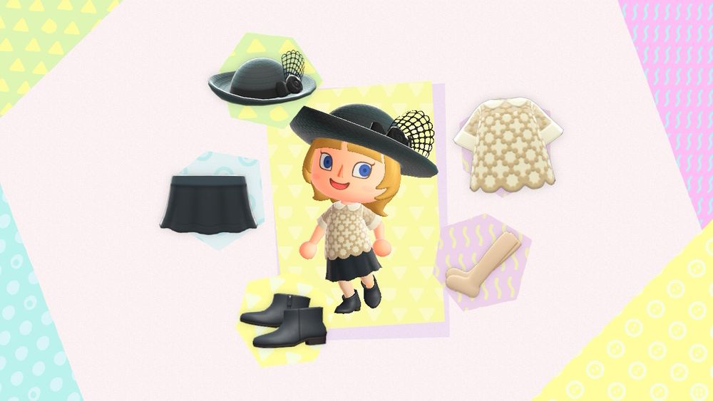 A blonde human girl poses in an outfit consisting of a white lacey shirt, black flare skirt, stockings, black elegant hat, and black leather booties. The pieces of her outfit are displayed around her.