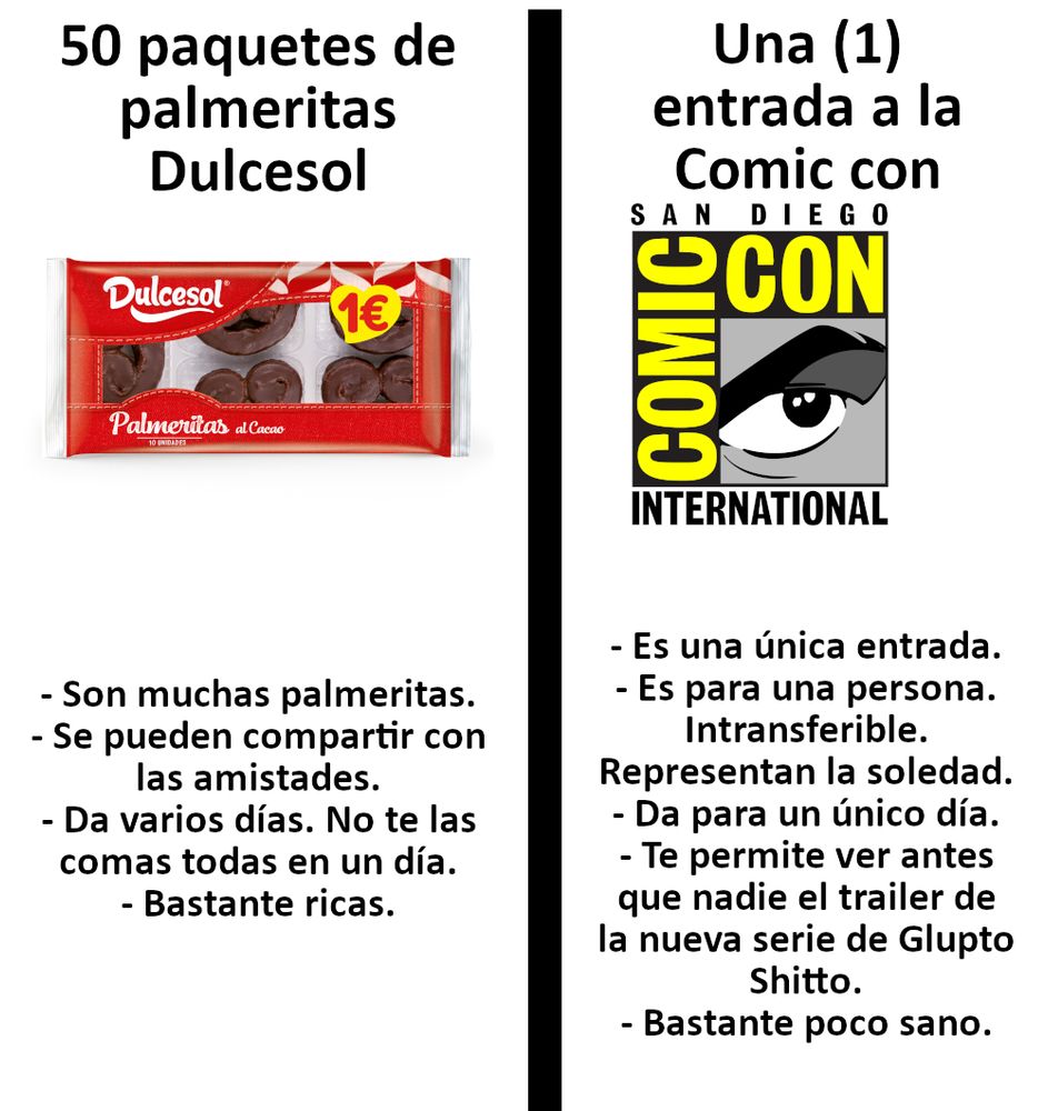 Imagen dividida en dos.
Izquierda. Fotos de palmeritas de chocolate a 1 euro.
50 paquetes de palmeritas Dulcesol
- Son muchas palmeritas.
- Se pueden compartir con las amistades.
- Da varios días. No te las comas todas en un día.
- Bastante ricas.


Derecha: Una (1) entrada a la Comic con
- Es una única entrada.
- Es para una persona. Intransferible. Representan la soledad.
- Da para un único día.
- Te permite ver antes que nadie el trailer de la nueva serie de Glupto Shitto.
- Bastante poco sano.