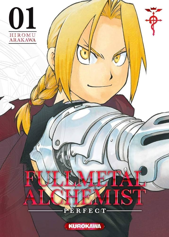 Portada del primer tomo de Fullmetal Alchemist, con el protagonista, un joven rubio con trenza, mirando a cámara. Tiene un brazo mecánico.