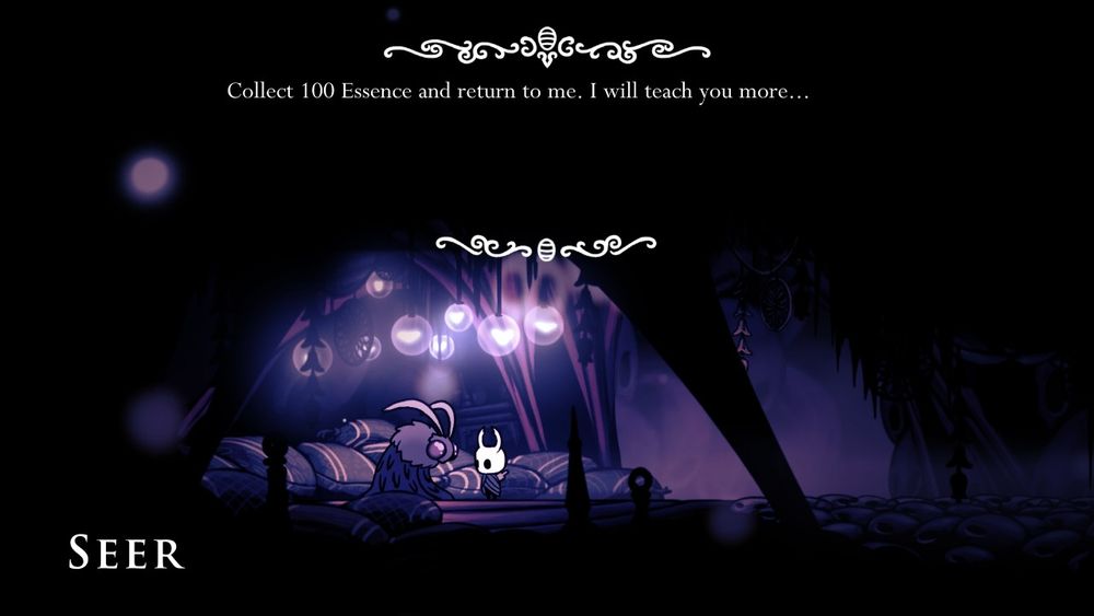 Captura de pantalla de Hollow Knight que muestra a Seer, una polilla en una cueva con multitud de colchones en tonos morados.